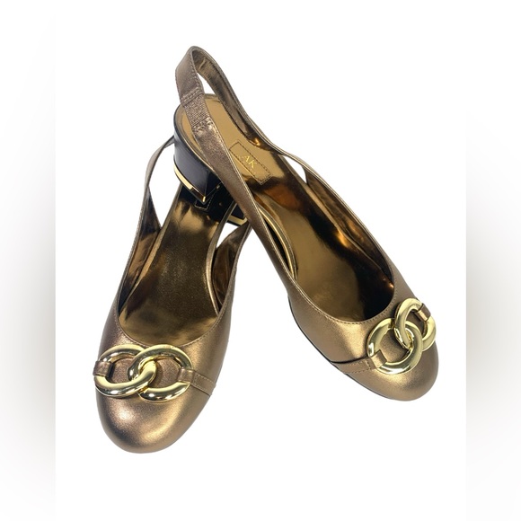 Anne Klein Shoes - Anne Klein Bronze Metallic Slingback Pumps Low Heel Gold Buckle